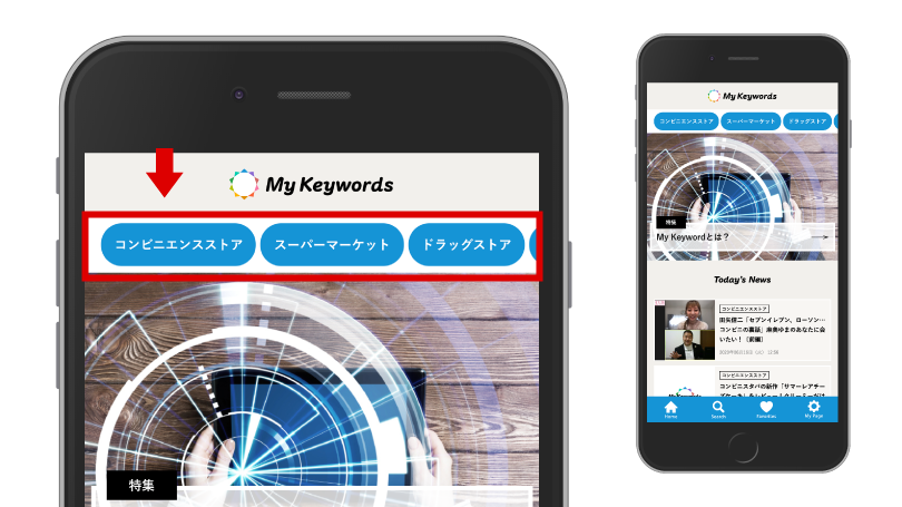 スマートフォンの場合、選択したキーワードはこの位置に並びます